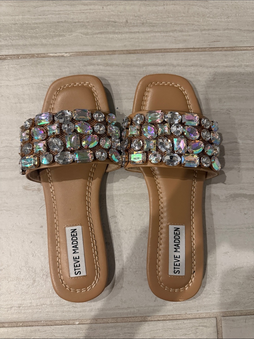 Steve Madden Tan Crystal-Embellished Slide Sandals
